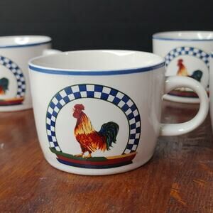 CENTURY Stoneware Remy Rooster Pattern 2 1/2" Vintage Flat Teacups Set of 4